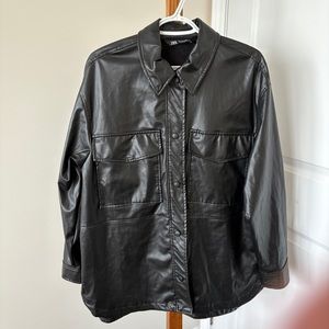 Zara Oversized Black Faux Leather Shacket Jacket Snap Closure Size Large